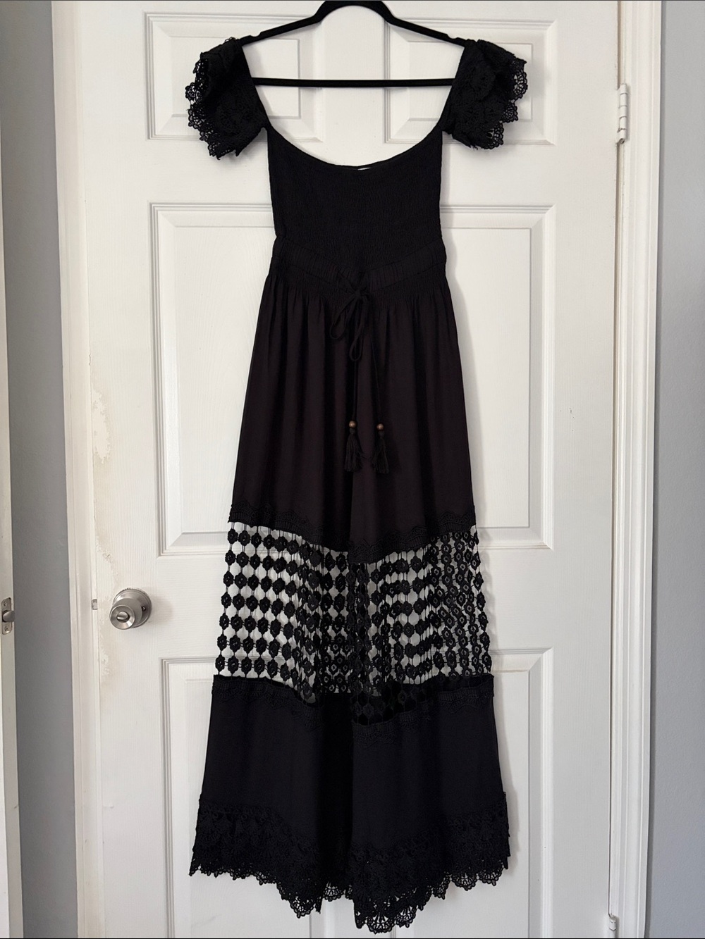 Black Lace Open Knit Ruffle Maxi Dress Cotton
